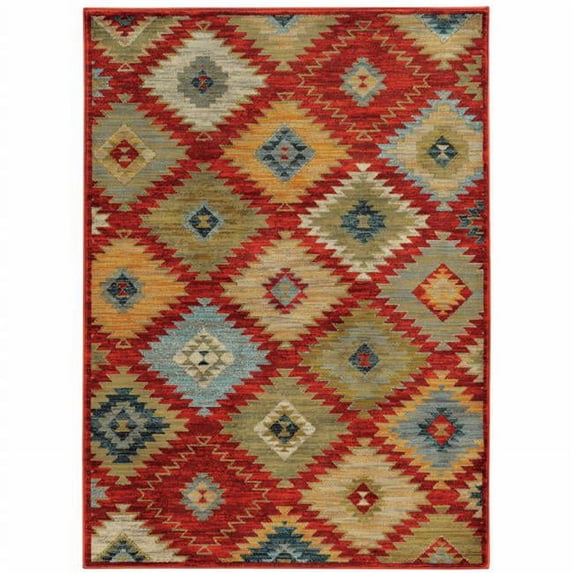 2 x 3 ft. Red Green Gold Blue Teal & Ivory Geometric Power Loom Stain Resistant Rectangle Area Rug