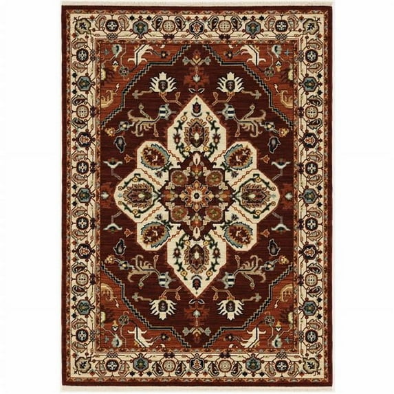 2 x 3 ft. Red Ivory Orange & Blue Oriental Power Loom Stain Resistant Rectangle Area Rug with Fringe