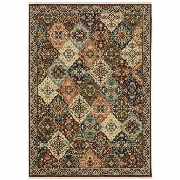2 x 3 ft. Red Rust Navy Light Blue Brown Orange Ivory & Gold Oriental Power Loom Stain Resistant Rectangle Area Rug with Fringe
