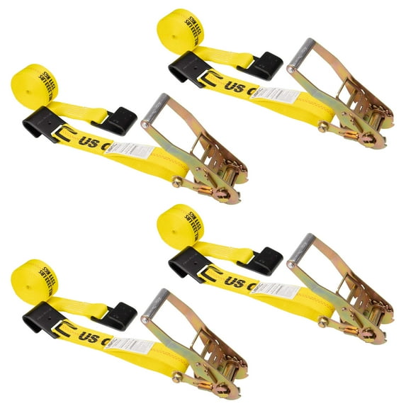 2" x 30' Yellow Ratchet Strap w/ Black Flat Hook - 4 Pack