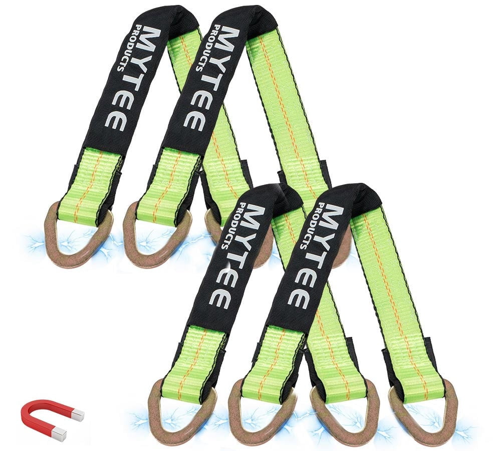 4 Pack 2" x 36" Heavy Duty Green Tie Down Axle Straps with Magnetic D-Ring and 12" Protective Sleeve, 10,000LBS Capacity - for Car Trailer Hauler Tow Truck Wrecker Wheel Tie Down Strap