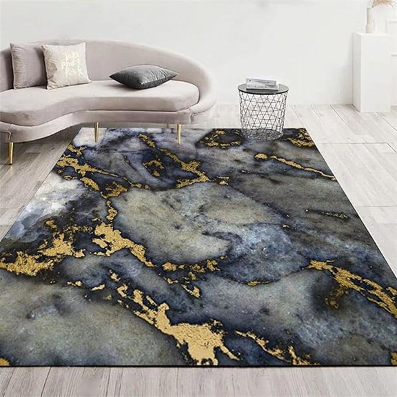 2 x 3ft Black Grey Gold Marble Area Rug, Modern Abstract Indoor Rugs, Non Slip Machine Washable Easy Care Carpet For Living Room Bedroom Study Apartment Home Decor