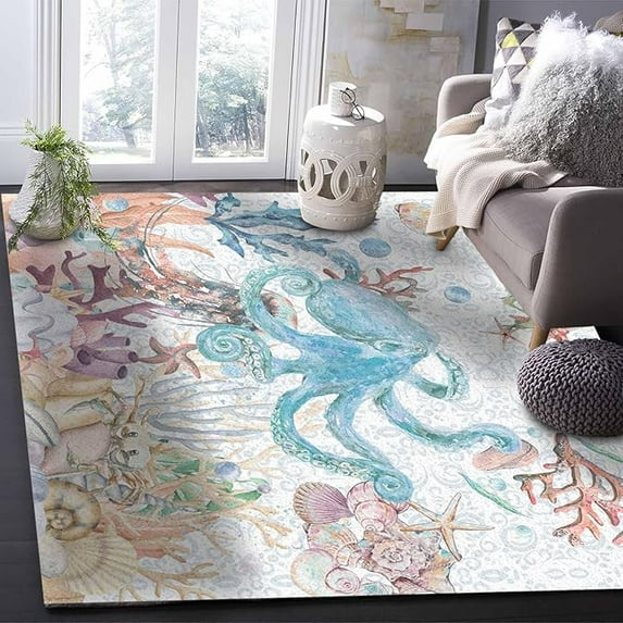 2 x 3ft Coastal Octopus Area Rug, Modern Outdoor Living Room Bedroom Area+Rug Carpet, Kitchen Rug Front Porch Floor Doormat Runner Rugs, Ocean Shells Corals Conch Summer Floral Boho