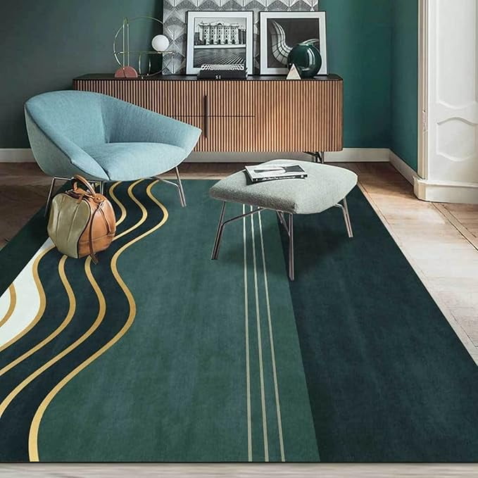 2 x 3ft Emerald Green Gold Striped Area Rugs, Waves Abstract Modern ...
