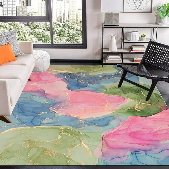 2 x 3ft Pink Blue Marble Swirl Area Rug, Abstract Minimalist Style Indoor Rug With Anti-Slip Backing Durable Not Falling Off Carpet For Living Room Bedroom Dining Room