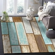 2 x 3ft Teal Brown Area Rug, Modern Outdoor Living Room Bedroom Area+Rug Carpet, Kitchen Rug Bath Mat Front Porch Floor Doormat Runner Rugs, Country Farmhouse Retro Rural Garage Plank