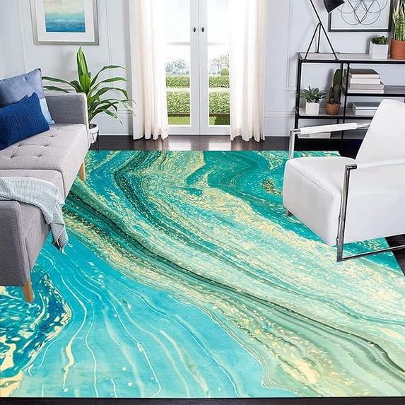 2 x 3ft Teal Gold Marble Area Rugs, Coastal Ocean Theme Soft Washable Carpet, Upholstery Rug With Non-Slip Backing For Bedroom Living Room Dining Room