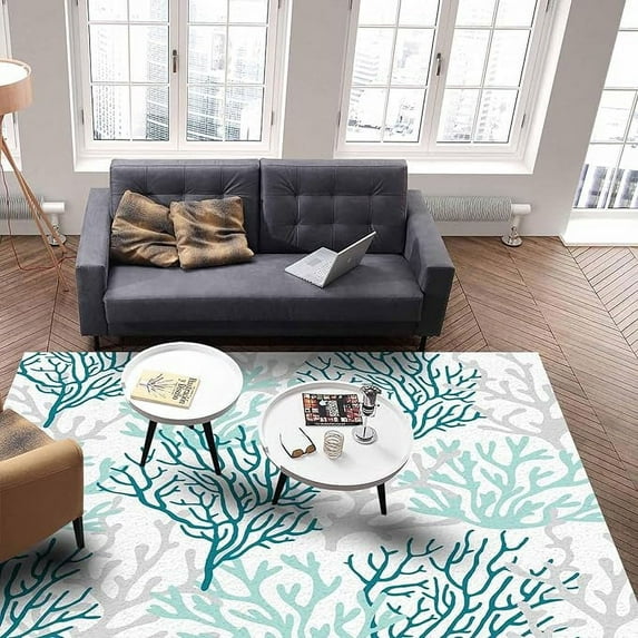 2 x 3ft Turquoise Coral Area Runner Rug Carpet,Outdoor Indoor Kitchen Living Room Bedroom Laundry Room Washable Bath Rug,Doormat Desk Floor Door Mat,Gradient Teal Gray Modern White