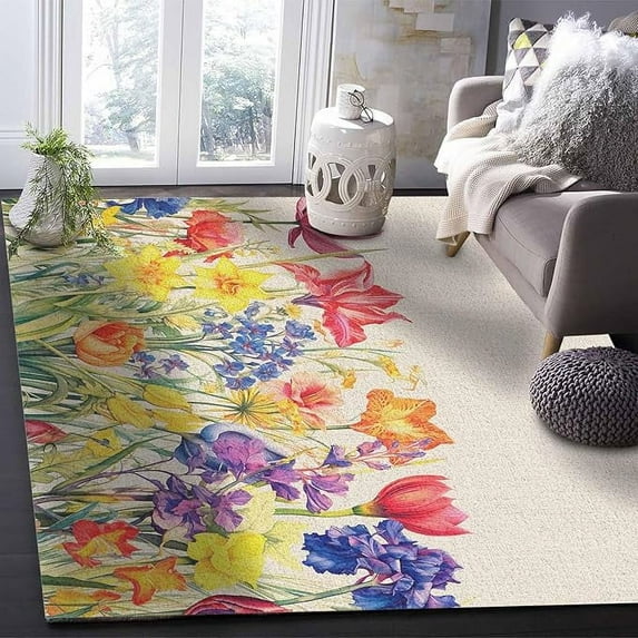 2 x 3ft Vintage Floral Area Rug For Living Room, Kids Teen Girls Boys Bedroom, Outdoor Indoor Washable Carpet Runner Area+Rug For Kitchen, Hallway, Rainbow Garden Blossom Watercolor