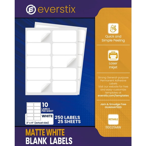2" x 4", 25 Sheets, 250 Blank Shipping Labels, Printable White Sticker, Shipping Labels for Laser & Inkjet Printers, Letter Size