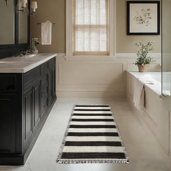 Waffle Bath Mat 24" x 48" Modern Non Slip Quick Drying Shower Mats for Outside Shower Machine Washable Soft and Comfortable Large Bathroom Rugs for Bathroom,Black and White Grid