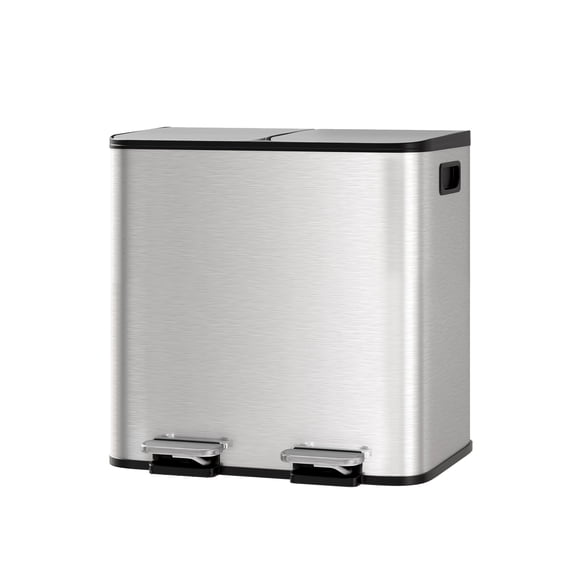 2 x 4 Gal Stainless Steel Dual Trash Can and Recycle Bin Combo – Step-On Double Kitchen Garbage Can with Lid, Liner Rim & PP Inner Buckets-Stainless steel color