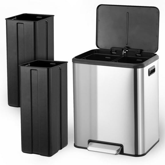 2 x 4 Gallon Dual Trash Can, Stainless Steel Hands-Free Recycling Bin with Soft-Close Lid for Kitchen, Home, or Restaurant - Silver