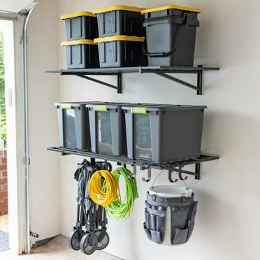 StoreYourBoard 2 Pack Heavy Duty Garage Wall Shelves, 2' x 4' Wall Mount Storage Shelf with Hooks, Black Finish, Holds 200 lbs Each