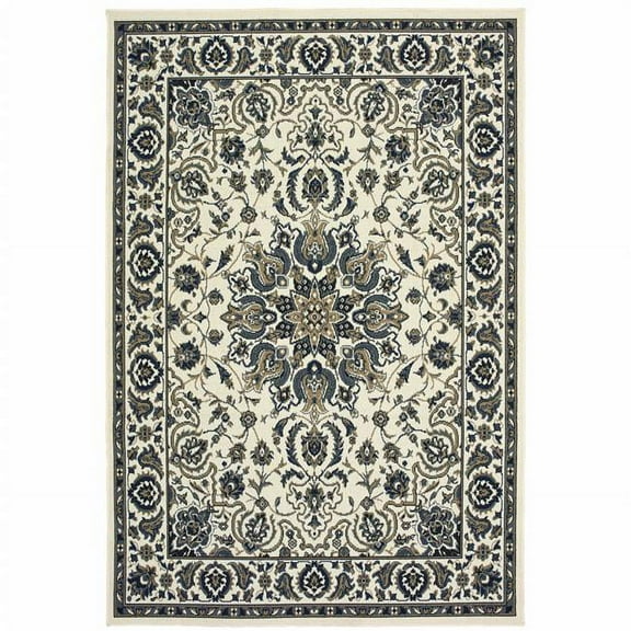 2 x 4 ft. Ivory Oriental Stain Resistant Indoor & Outdoor Rectangle Area Rug - Ivory and Blue - 2 x 4 ft.