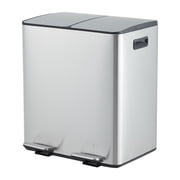 2 x 5.3 Gallon Dual Compartment Stainless Steel Trash Can, Hands-Free Recycling Bin with Soft Close Lid, Foldable Step Pedal and Removable Inner Buckets for Kitchen Office - Silver