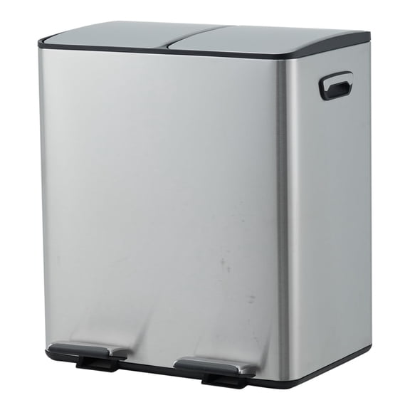 2 x 5.3 Gallon Dual Compartment Trash Can, Stainless Steel Recycling Garbage Bin with Soft Close Lid and Foldable Non-Slip Pedal for Kitchen Home - Silver 40L