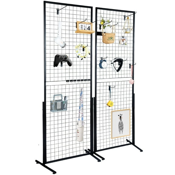 Double-Sided Grid Wall Panel Display, 2-Pack 2'x5.6' Gridwall with T-Base Floor Stand, for Retail Store Art Craft Show, Includes Hooks & Clips (Black)