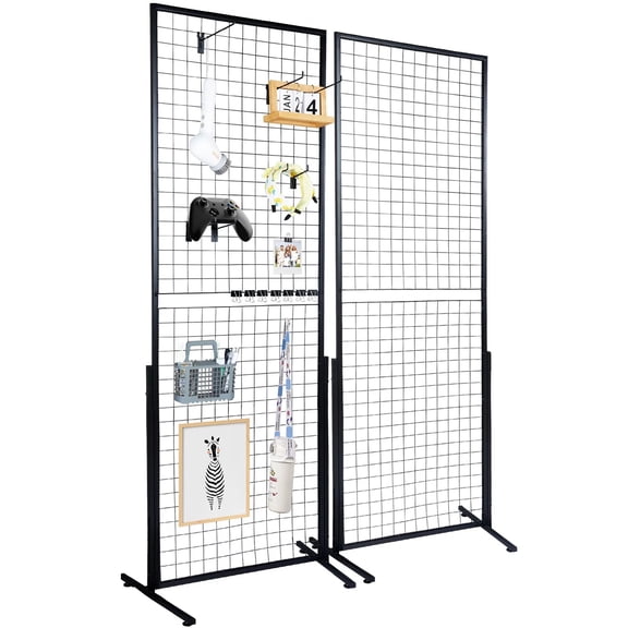 2' x 5.6' Grid Wall Panels Tower, 2 Packs Wire Gridwall Display Racks with T-Base Floorstanding, Double Side Gridwall Panels for Art Craft Shows, Retail Display with Extra Clips and Hooks