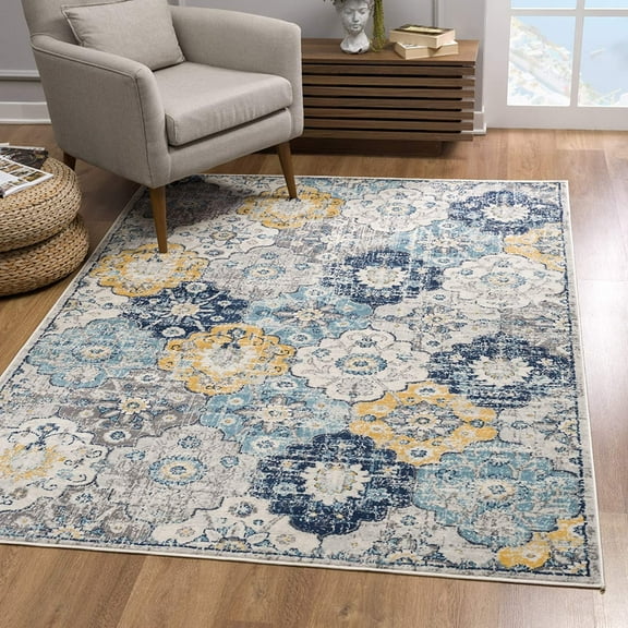 2â€™ x 5â€™ Blue Distressed Floral Area Rug