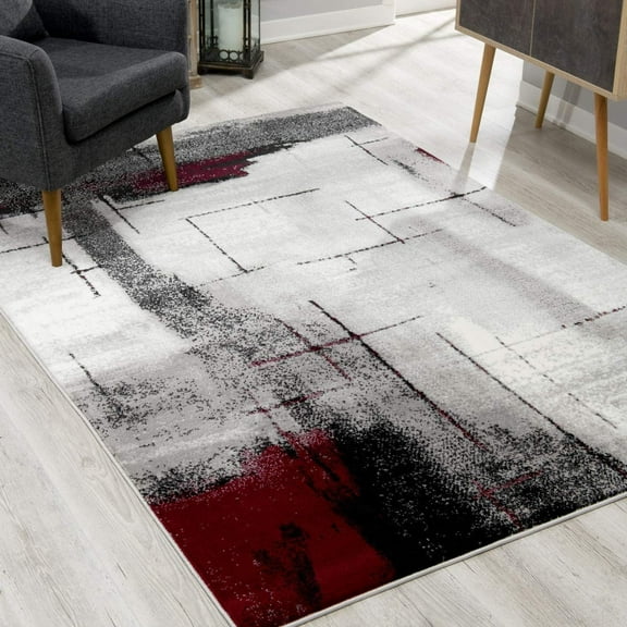 2â€™ x 5â€™ Gray and Burgundy Abstract Area Rug