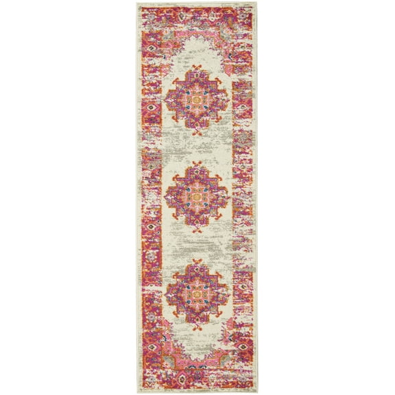 2â€™ x 6' Ivory and Fuchsia Distressed Runner Rug