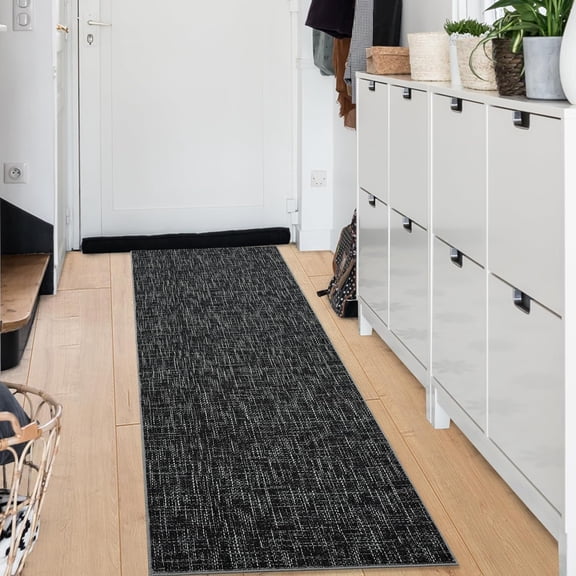 2' x 6' Washable Runner Rugs, Distressed Modern Abstract Office Carpet Low Pile Rug Non Slip Farmhouse Floor Cover, for Entryway Kitchen Bedroom, Black