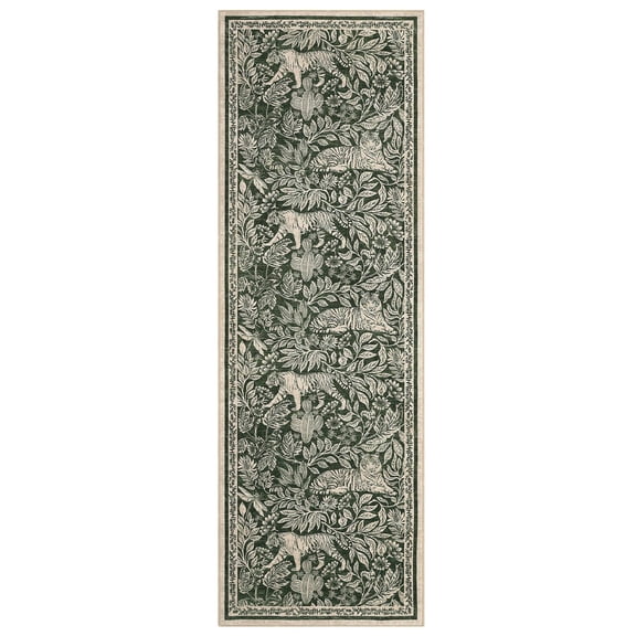 2 x 6 ft Polyester Green Rectangular Hallway Entryway Bathroom Kitchen Forest Tiger Print Modern Machine Washable Runner Rug