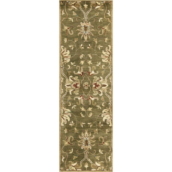 2' x 7' Emerald Green Floral Vine Wool Runner Rug