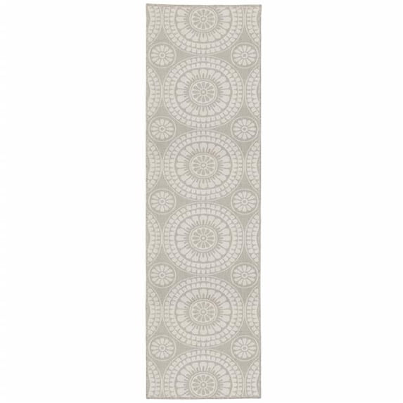 2 x 7 ft. Gray Geometric Stain Resistant Indoor & Outdoor Rectangle Area Rug - Gray and Ivory - 2 x 7 ft.