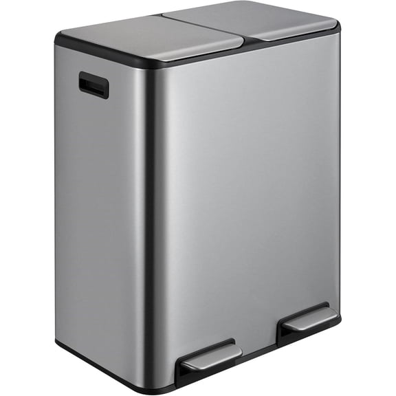 2 x 8 Gal Dual Compartment Trash Can, Stainless Steel Step Recycling Bin with Soft Close Lids & Foot Pedals, Kitchen Garbage and Recycle Bin Combo with Removable Buckets for Home Office