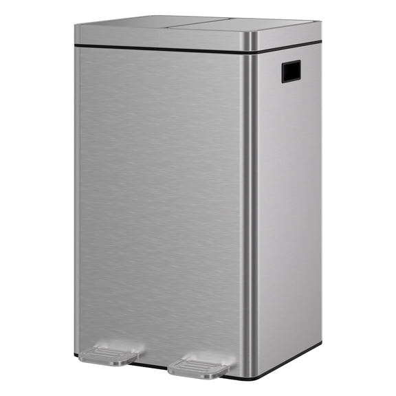 2 x 8 Gallon Dual Compartment Stainless Steel Trash Can, Rectangular Hands-Free Waste Recycling Bin with Soft Close Pedal and Removable Buckets for Kitchen Office Home - Silver