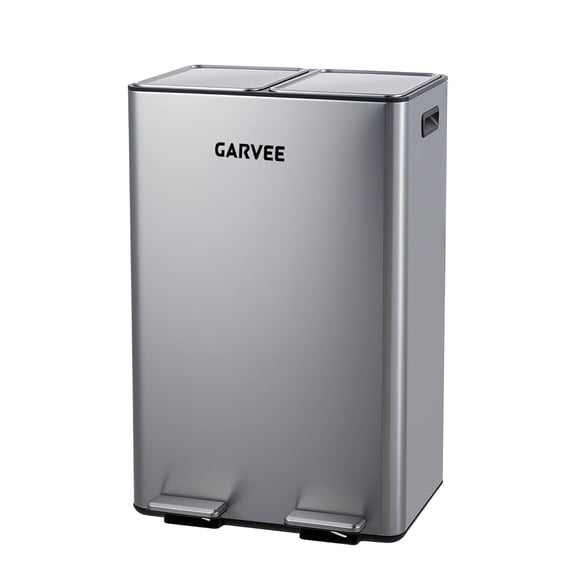 2 x 8 Gallon Dual Compartment Trash Can, Slow Close Step Pedal Garbage Bin with Removable Buckets, White Stainless Steel Recycling Can for Kitchen Office - Silver