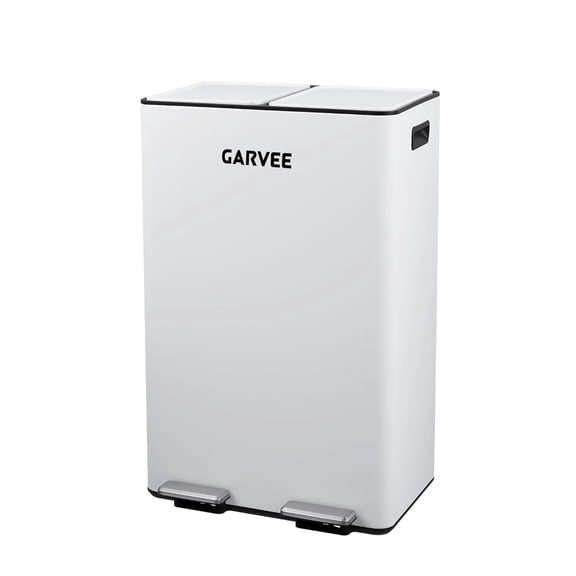 2 x 8 Gallon Dual Compartment Trash Can, Slow Close Step Pedal Garbage Bin with Removable Buckets, White Stainless Steel Recycling Can for Kitchen Office - White
