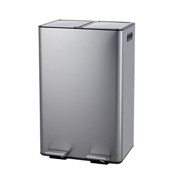 2 x 8 Gallon Dual Compartment Trash Can, Stainless Steel Step Pedal Garbage Bin with Slow Close & Removable Buckets for Kitchen Office Recycling - Silver