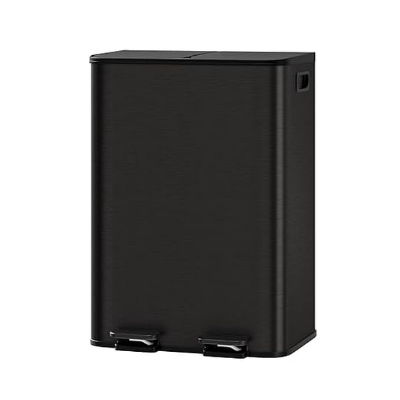 2 x 8 Gallon Stainless Steel Double Trash Can with Lid for Kitchen, Large Dual Trash and Recycle Bin Combo, Step-on Kitchen Metal Garbage Cans, PP Inner Buckets, Liner Rim, Matte Black