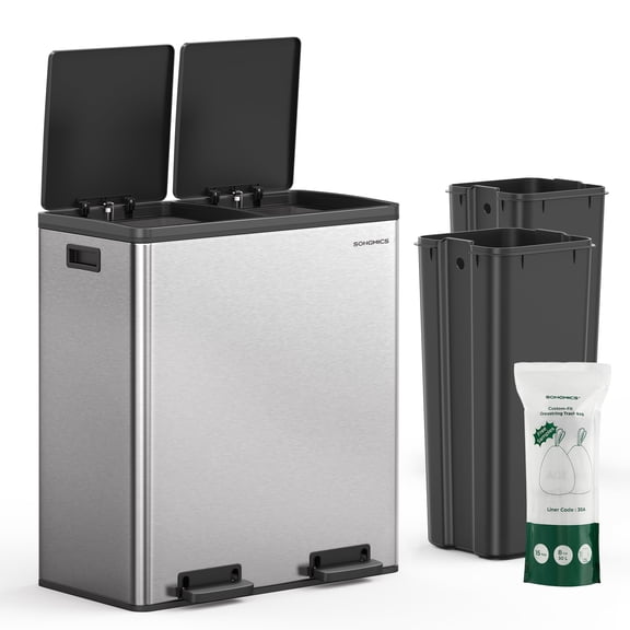 SONGMICS 2 x 8-Gallon Trash Can, Garbage Can for Kitchen, with 15 Trash Bags, 2 Compartments, Plastic Inner Buckets and Hinged Lids, Airtight