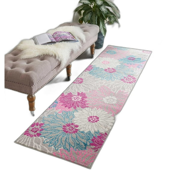 2’ x 8’ Gray and Pink Tropical Flower Runner Rug
