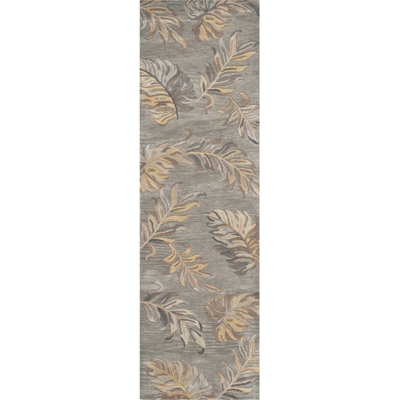 2' x 8' Grey Palm Leaves Wool Runner Rug