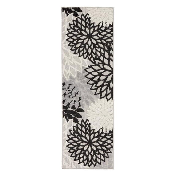 2 x 8 ft. Black & White Floral Non Skid Indoor & Outdoor Runner Rug