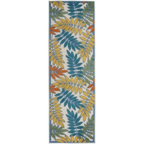 2 x 8 ft. Ivory Floral Non Skid Indoor & Outdoor Runner Area Rug - Ivory and Blue - 2 x 8 ft.