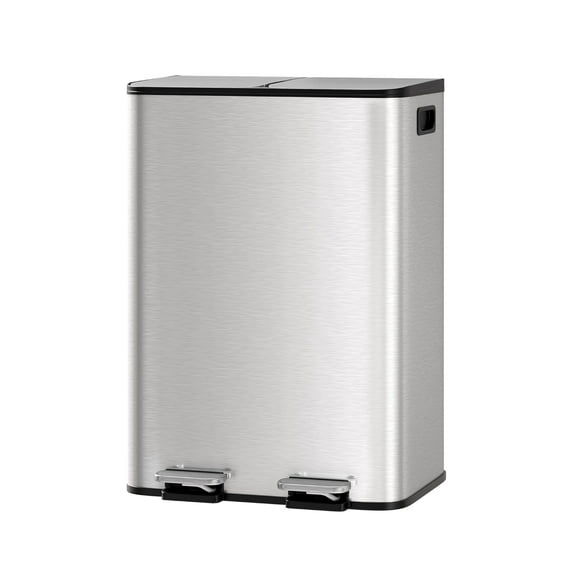 2 x 8 gal Stainless Steel Double Trash Can with Lid for Kitchen, Large Dual Trash and Recycle Bin Combo, Step-on Kitchen Metal Garbage Cans, PP Inner Buckets, Liner Rim, Silver
