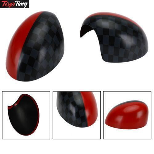 2 x Black/Grey Checkered Red Mirror Covers for MINI Cooper R55 R56 R57