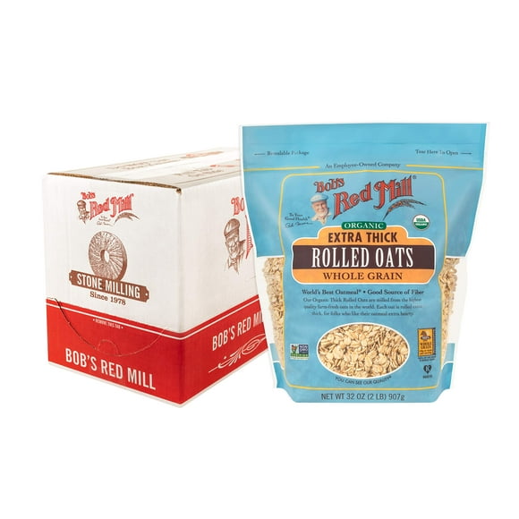 2 x - Bob's Red Mill Organic Extra Thick Rolled Oats, 32oz (Pack of 4) - Non GMO, Whole Grain, Vegan, Kosher