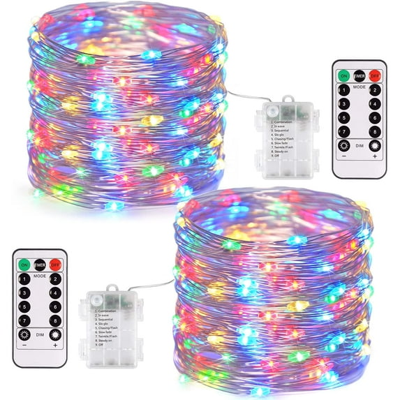 2 x Fairy Lights Battery Operated,33Ft/10Meter 100 LEDs Silver Wire 8 Mode String Lights with Remote & Timer for Bedroom Christmas Party Wedding Decoration (Multicolor)