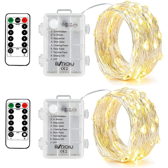 2 x Fairy Lights Battery Operated,Silver Wire Chains 8 Mode 16Ft/5Meter 50 LEDs Timer String Lights with Remote Control for Bedroom Christmas Party Wedding Decoration(Warm White)