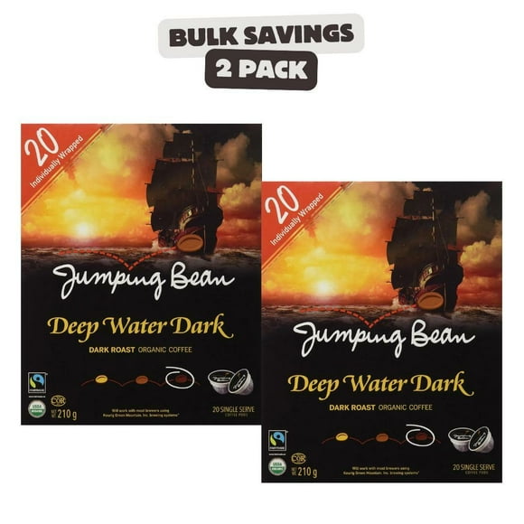 2 x Jumping Bean Dark Roast Fairtrade Organic 100% Compostable K-Cup Coffee Pods, Individually Wrapped, ECO2Roast, Premium Coffee, Non-GMO, Deep Water Dark , 20 Count each