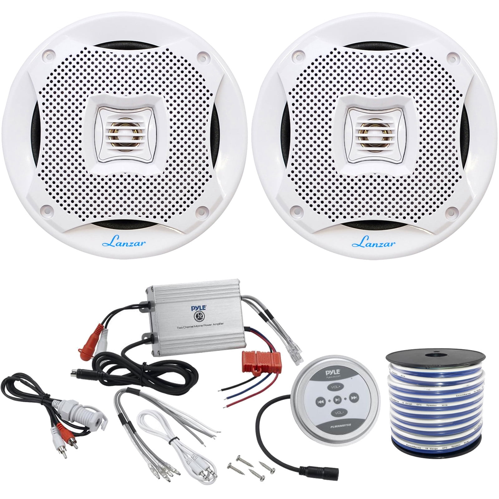 2 x Lanzar 400 Watts 5.25'' 2-Way White Marine Speakers, Pyle Waterproof 600 Watt Bluetooth 2-Channel Boat Yacht Amplifier System, Enrock Marine-Grade 50Ft. 18-Gauge Speaker Wire