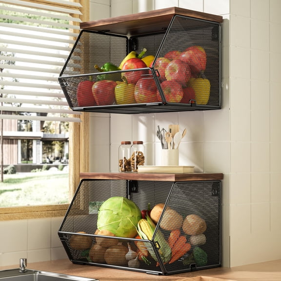 2 x Large Black Metal Mesh Wood Lid Stackable Wall Mounted Kitchen Storage Crate