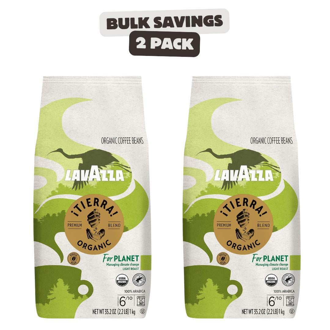 2 x Lavazza Organic Tierra Whole Bean Coffee Blend - Light Roast, Premium Arabica Beans - 1KG Bag